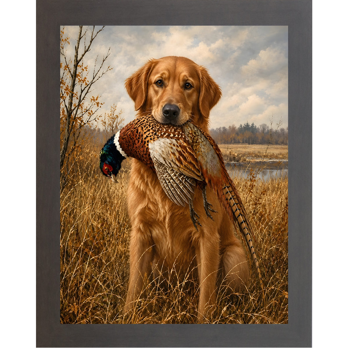 Slatewood framed portrait heritage hunting dog wall art featuring a golden retriever holding a pheasant in a golden autumn field