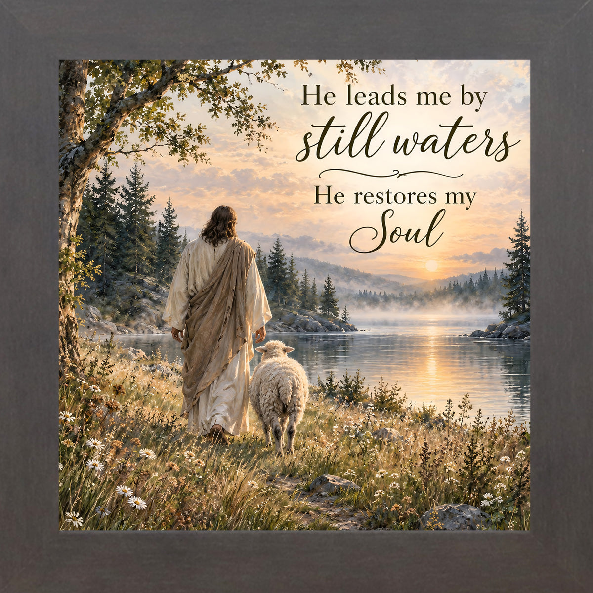 Slatewood framed square Christian wall art featuring Christ walking beside a lamb at a sunset lake with the words "He Leads Me By Still Waters He Restores My Soul"