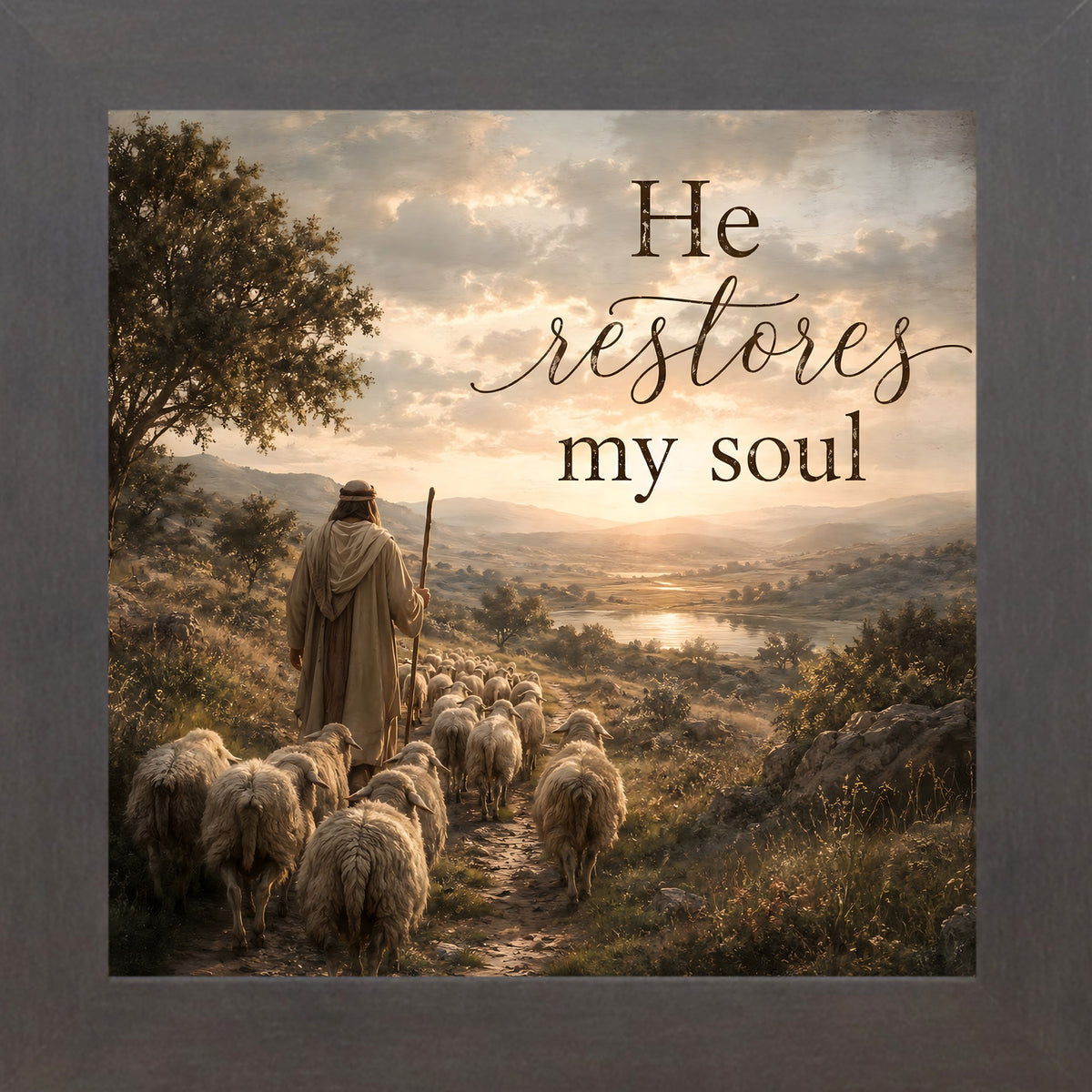 Slatewood framed square Christian wall art featuring a shepherd leading a flock of sheep down a golden hillside toward a river valley with the words "He Restores My Soul"