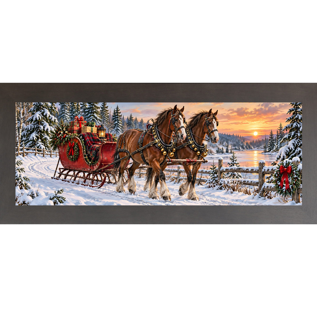 Horse-drawn sleigh wall art in slatewood frame, horses and sleigh in snow