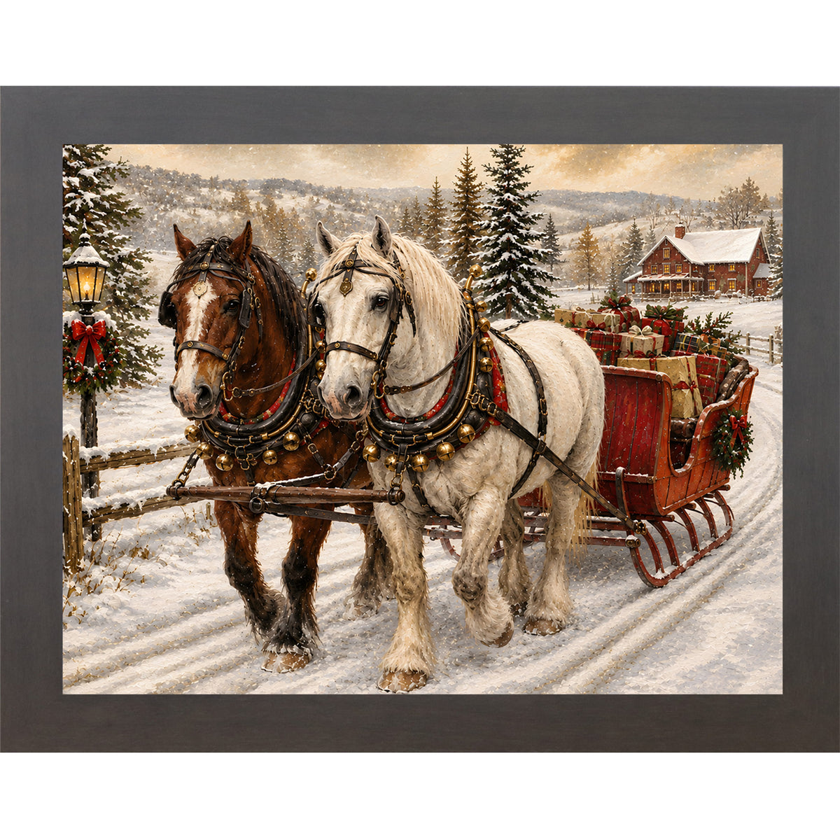 Slatewood framed landscape heritage Christmas wall art featuring two draft horses pulling a red sleigh piled with presents through a snowy country lane