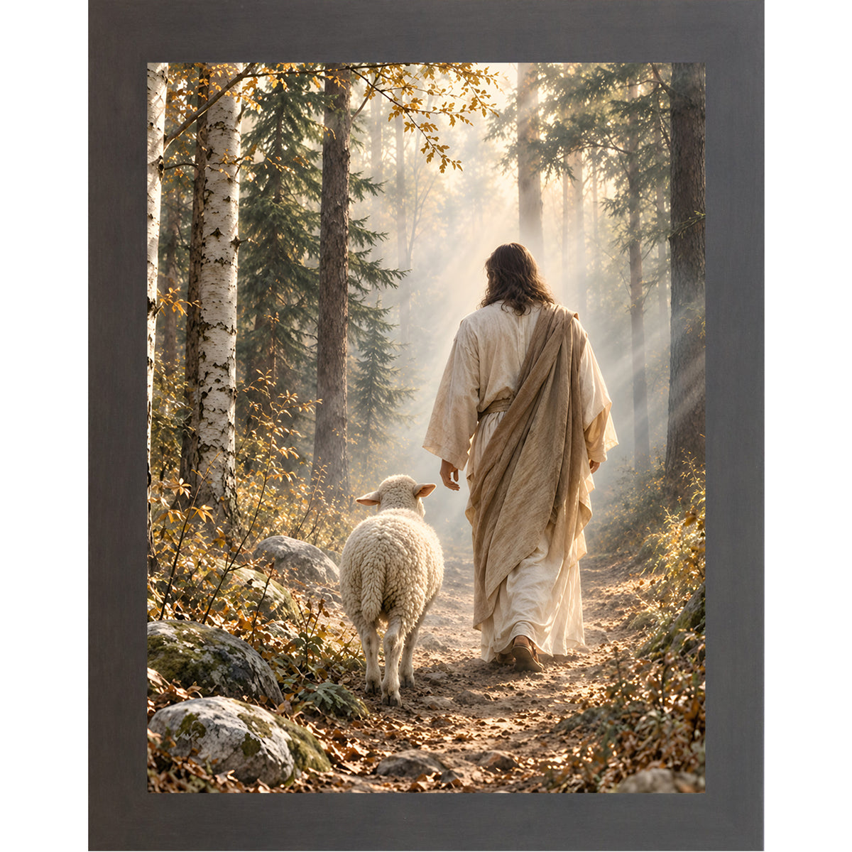 Slatewood framed portrait Christian wall art featuring Jesus walking a golden-lit forest path from behind with a white sheep at his side