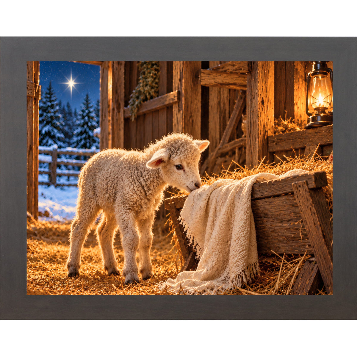 Slatewood framed landscape nativity wall art featuring a newborn lamb beside a wooden manger with hay, a lantern, and the Star of Bethlehem over snowy pines