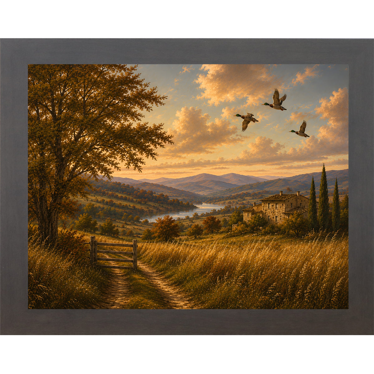 Slatewood framed landscape vintage sporting wall art featuring mallards flying over a golden river valley with a distant countryside villa