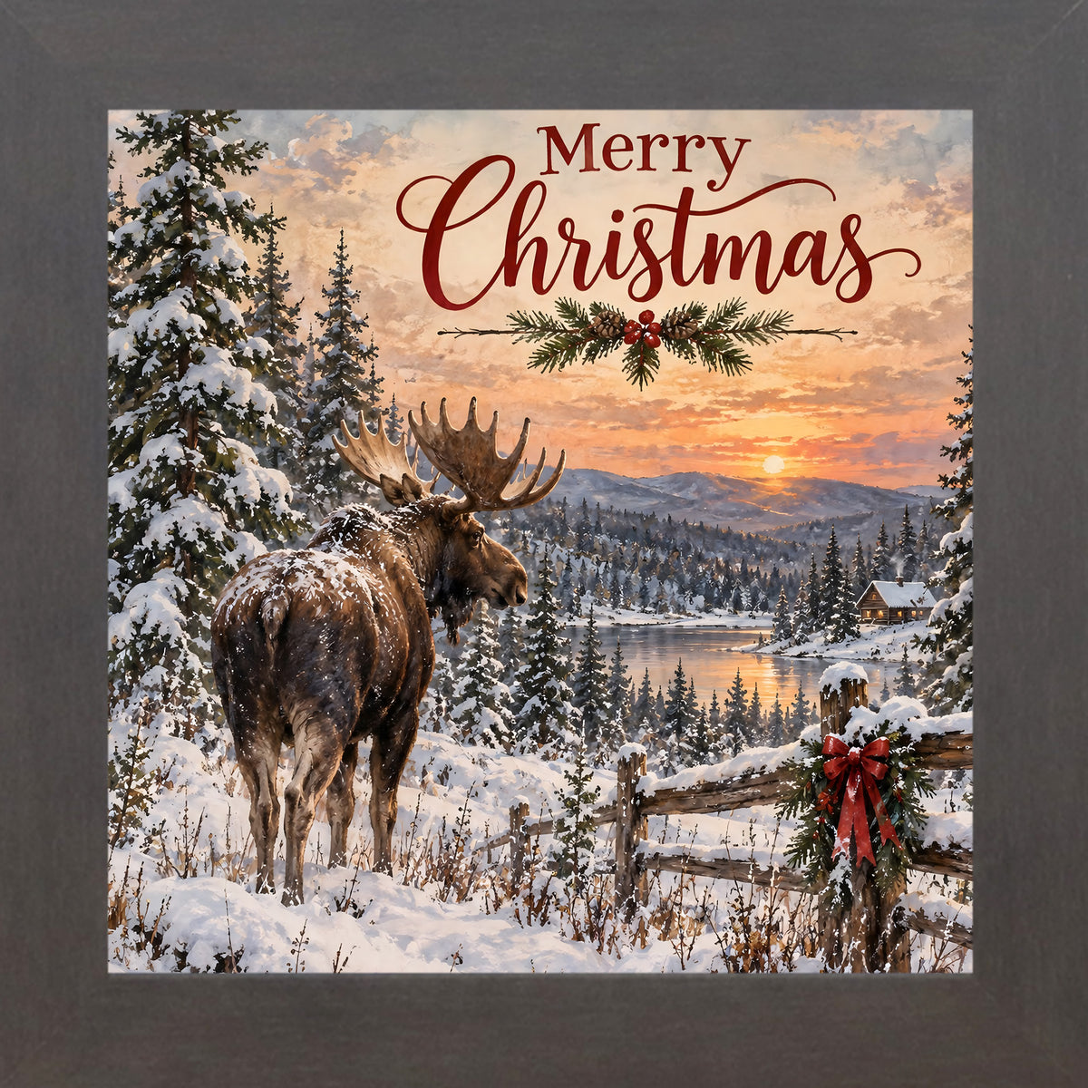Slatewood framed square Christmas wall art featuring a moose beside a frozen lake at sunset with the words "Merry Christmas"