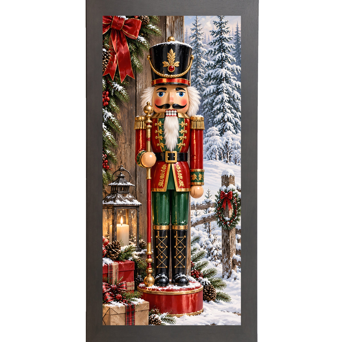 Nutcracker soldier wall art in slatewood frame, tall nutcracker Christmas scene