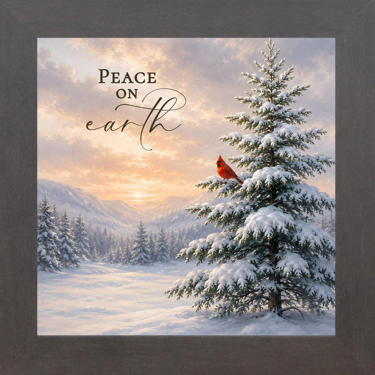 Peace on Earth wall art in slatewood frame, winter mountain cardinal scene