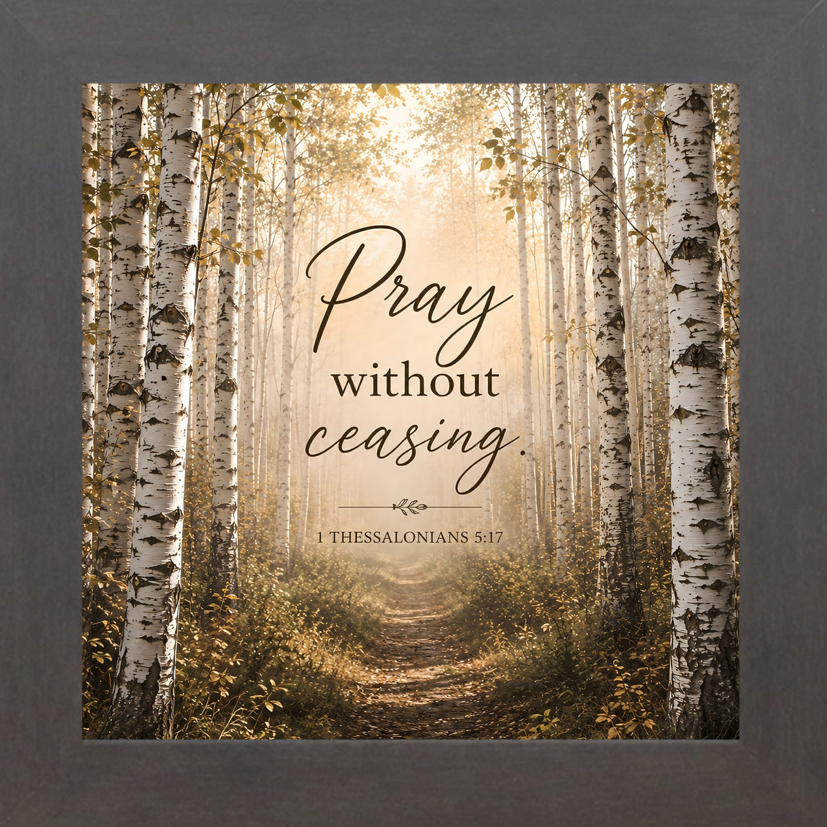 Slatewood framed square Christian wall art featuring a sunlit birch forest path with the words "Pray Without Ceasing" 1 Thessalonians 5:17