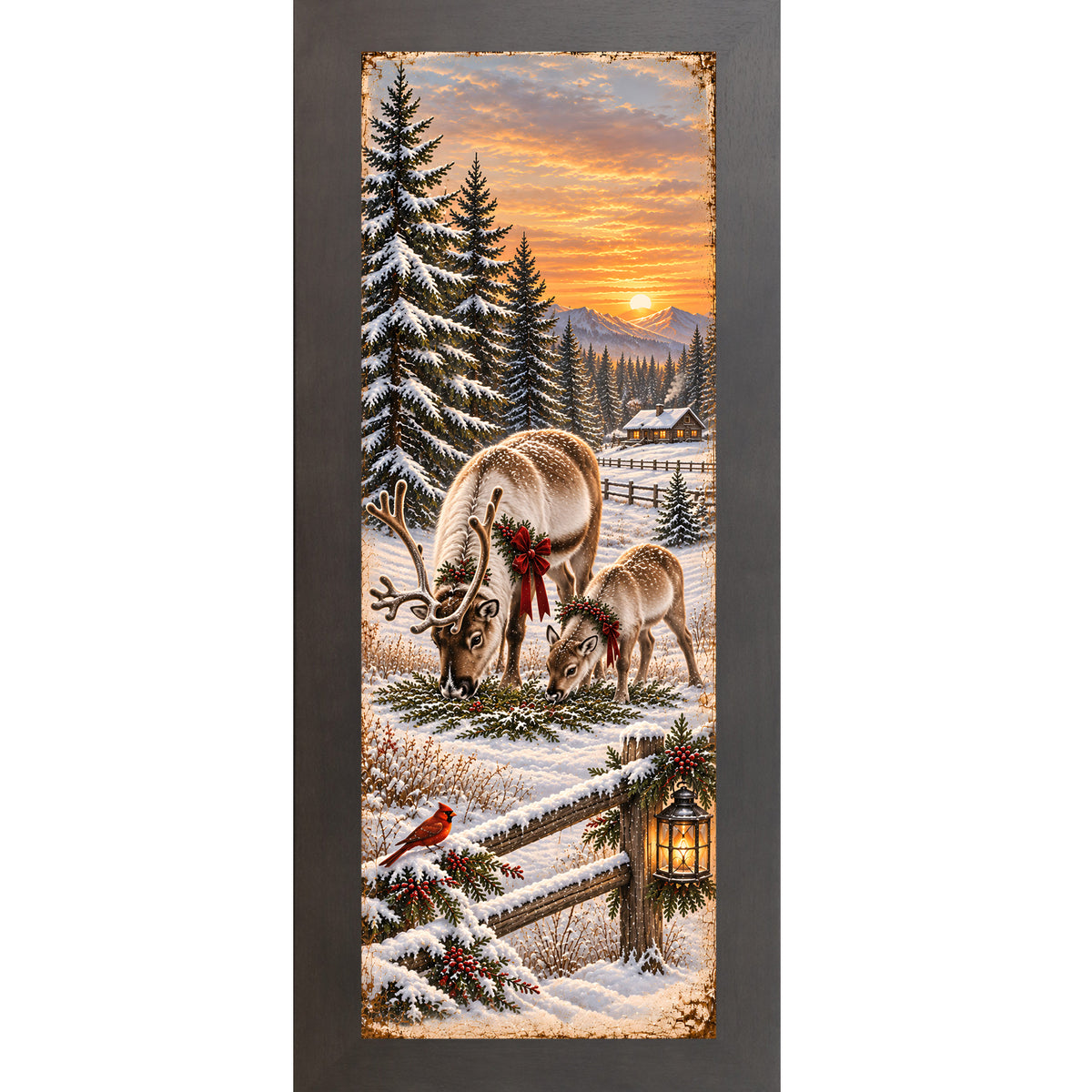 Reindeer and cardinal wall art in slatewood frame, cardinal on fence with reindeer