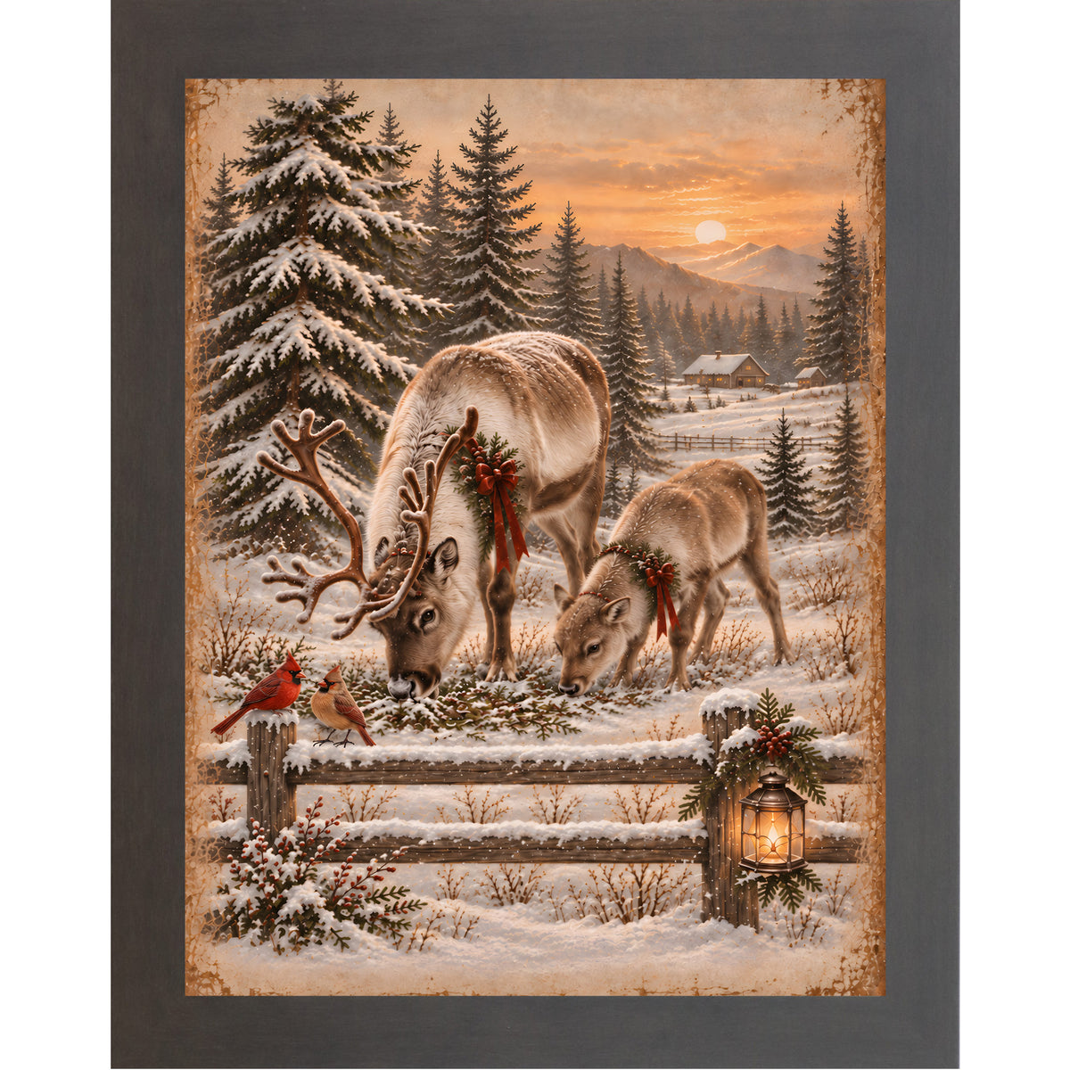 Reindeer and cardinals wall art in slatewood frame, reindeer with cardinal pair