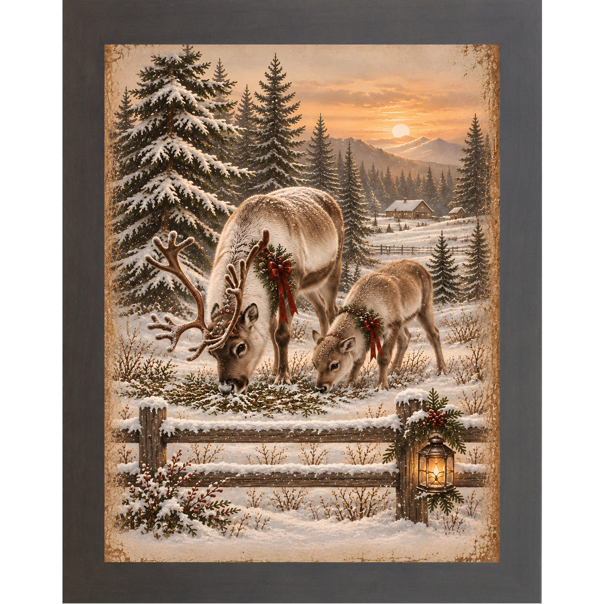 Reindeer at sunset wall art in slatewood frame, snowy reindeer sunset portrait