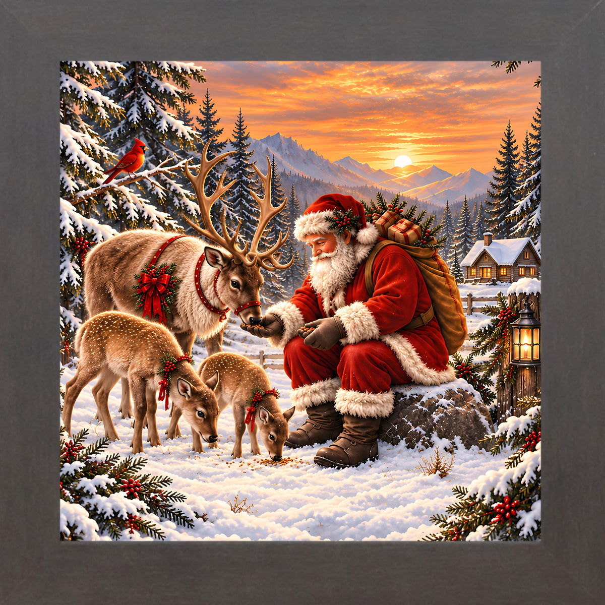 Santa feeding his reindeer wall art in slatewood frame, Christmas village sunset