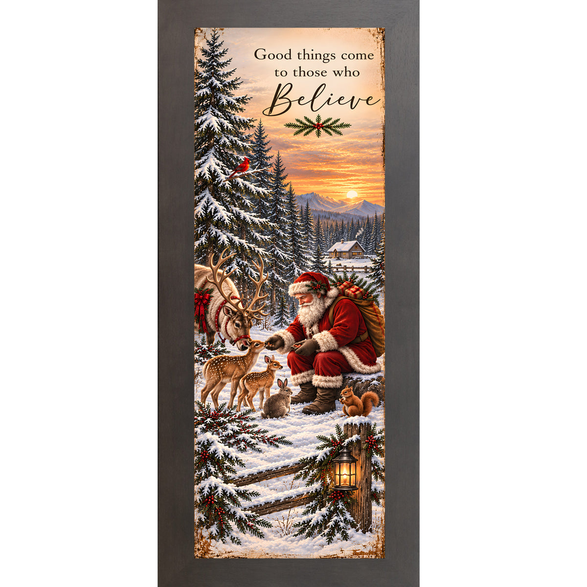 Santa feeding the animals wall art in slatewood frame, Santa feeding animals in snow