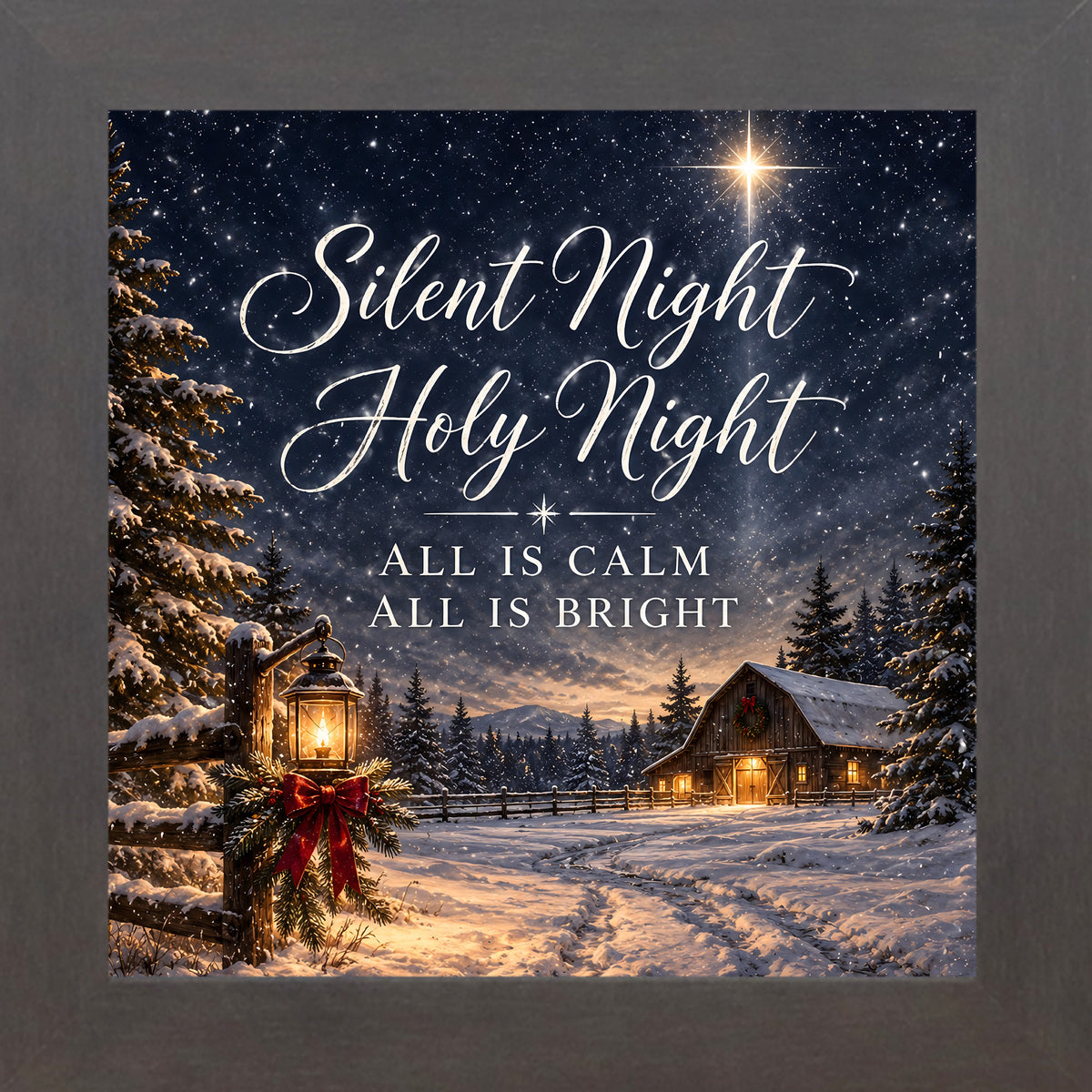 "Slatewood framed square Christmas wall art featuring a snowy barn, lantern, and Star of Bethlehem with the words Silent Night Holy Night"
