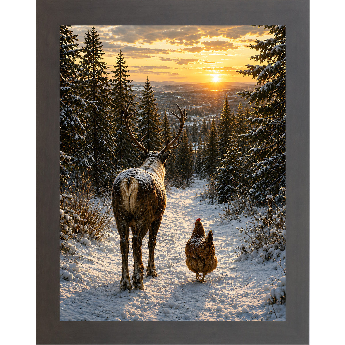 Slatewood framed portrait winter wall art featuring a stag and a hen walking down a snowy forest path at golden sunset