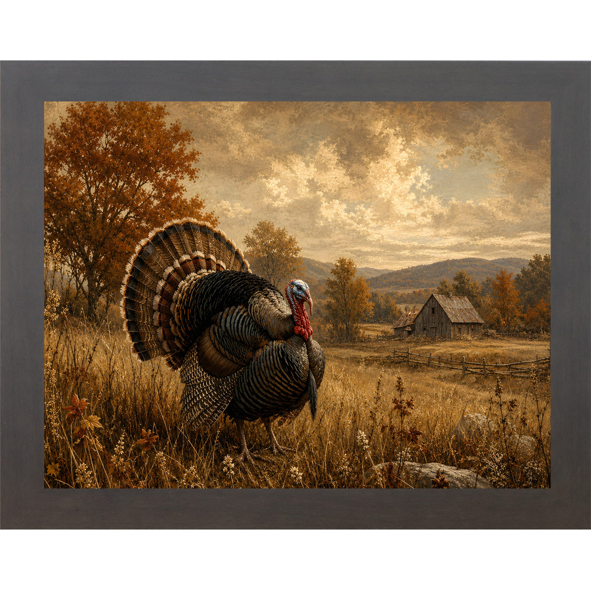 Slatewood framed landscape vintage sporting wall art featuring a wild turkey in full fan display standing in a golden autumn field with a barn in the distance