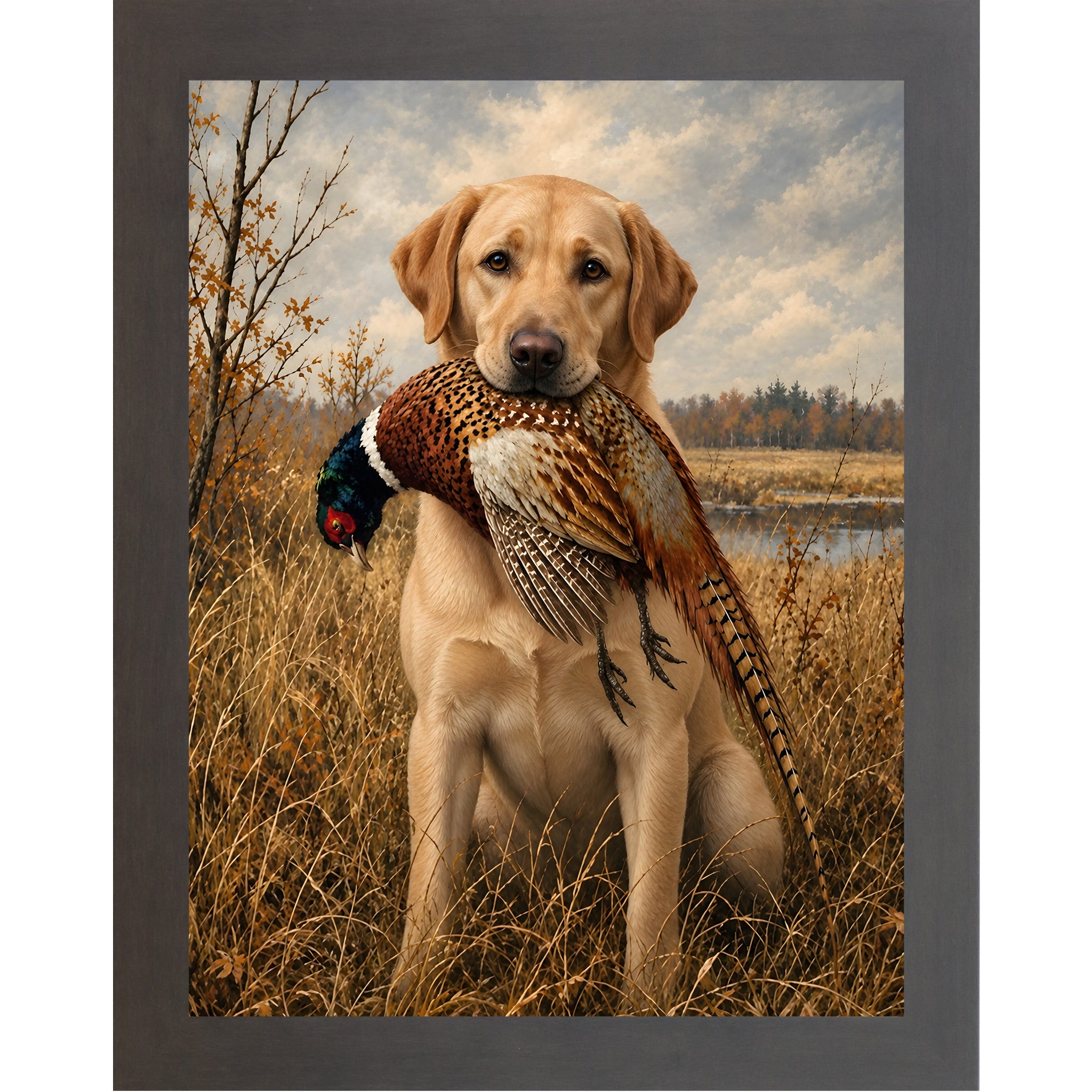 Slatewood framed portrait heritage hunting dog wall art featuring a yellow Labrador holding a pheasant in a golden autumn field
