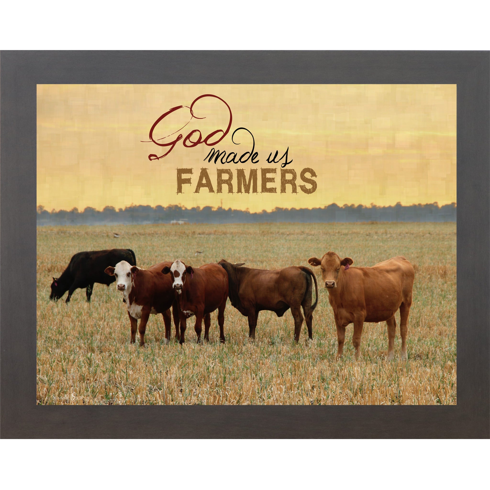 Slatewood framed horizontal farmhouse landscape wall art with cattle grazing in a golden field at sunset with the words "God Made Us Farmers"