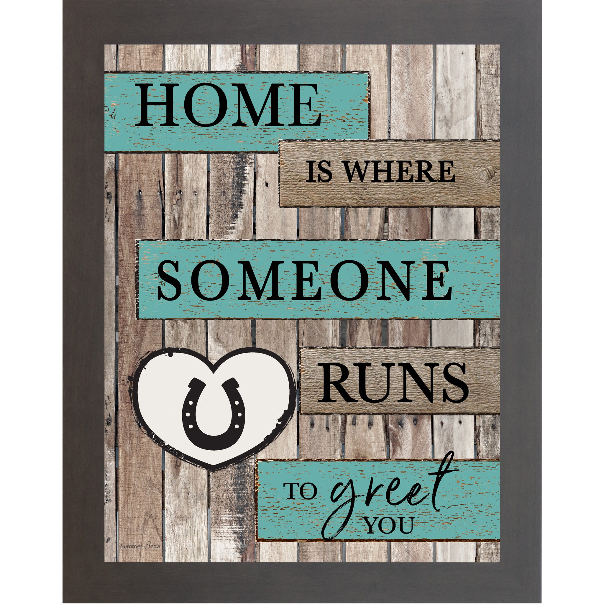 Slatewood framed portrait rustic pallet wood horse wall art with turquoise and wood plank banners reading Home Is Where Someone Runs to Greet You with a white horseshoe heart icon