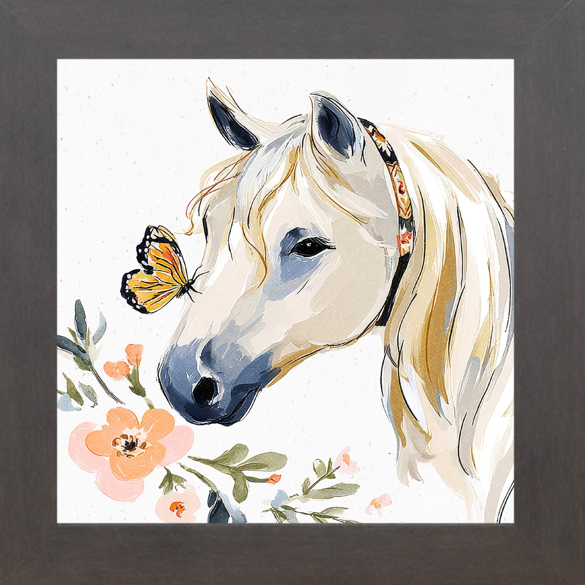 Slatewood framed square watercolor horse wall art featuring a white horse with a monarch butterfly on its nose surrounded by peach florals and a boho floral headstall on a white background