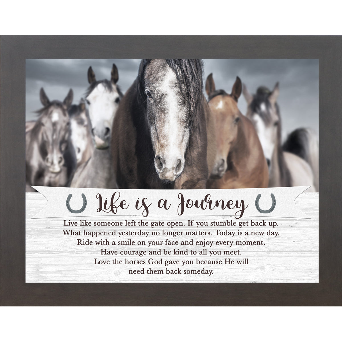 Slatewood framed horizontal equestrian wall art featuring a herd of horses under a dramatic stormy sky with a pallet wood banner reading Life is a Journey inspirational quote