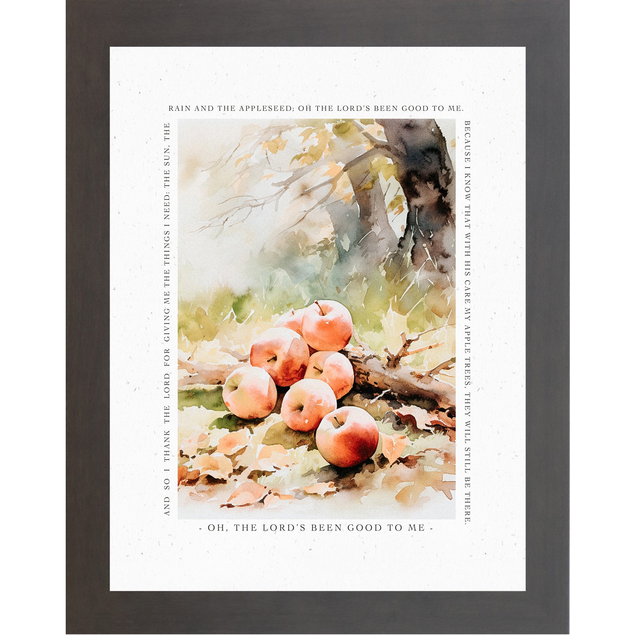 Slatewood framed portrait Christian fall wall art featuring watercolor red apples under autumn tree on golden fall leaves surrounded by complete Johnny Appleseed prayer border — Oh The Lord's Been Good To Me — SN396