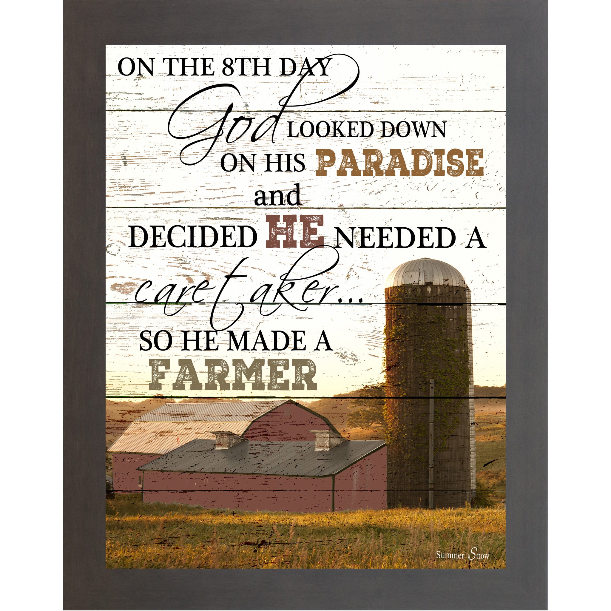 Slatewood framed portrait farmhouse wall art with full On The 8th Day God Made A Farmer quote in bold mixed typography over red barn and ivy silo photograph on rustic pallet wood background