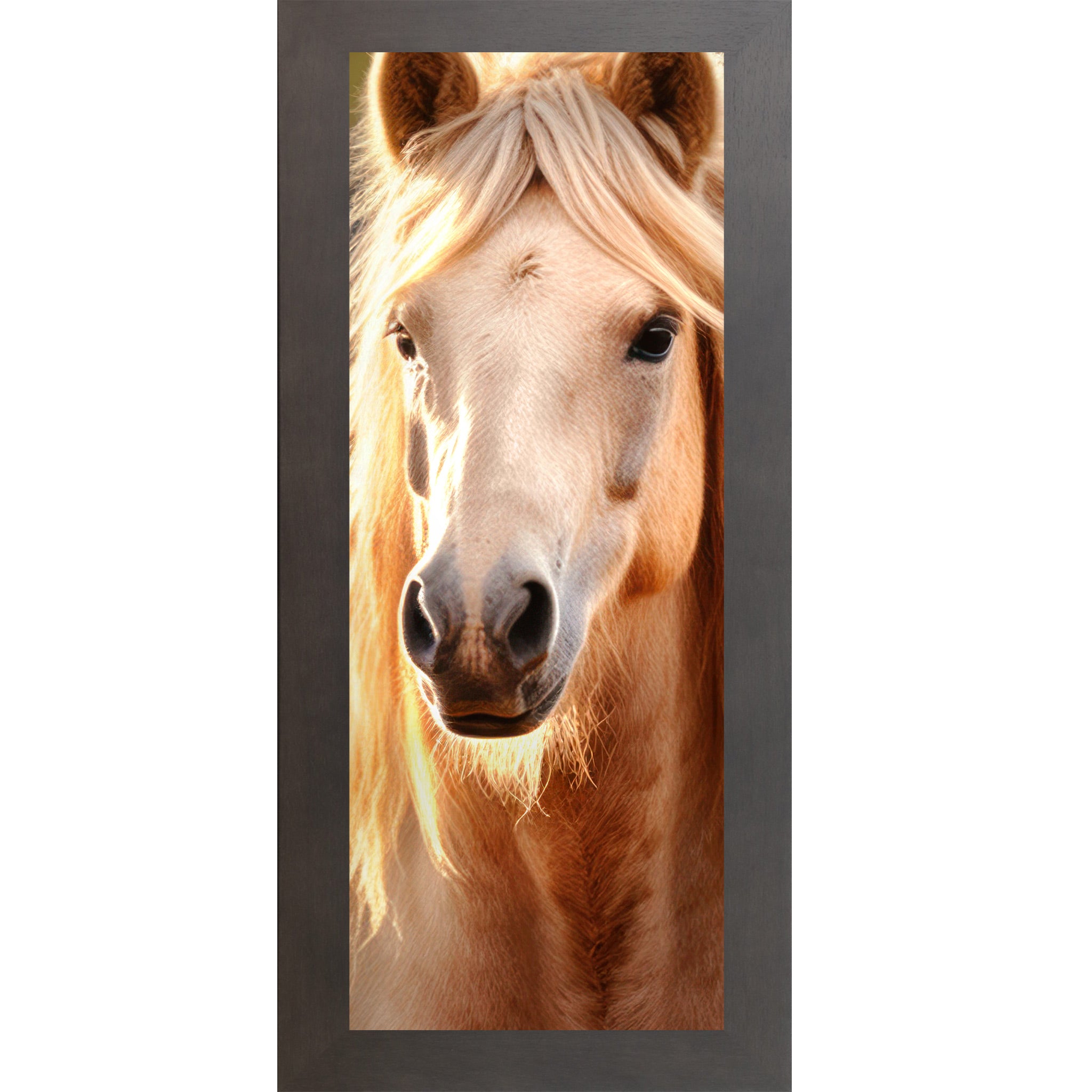 Slatewood framed narrow portrait palomino horse wall art featuring a golden mane palomino horse with direct eye contact, warm backlit glow, and cream mane cascading on both sides