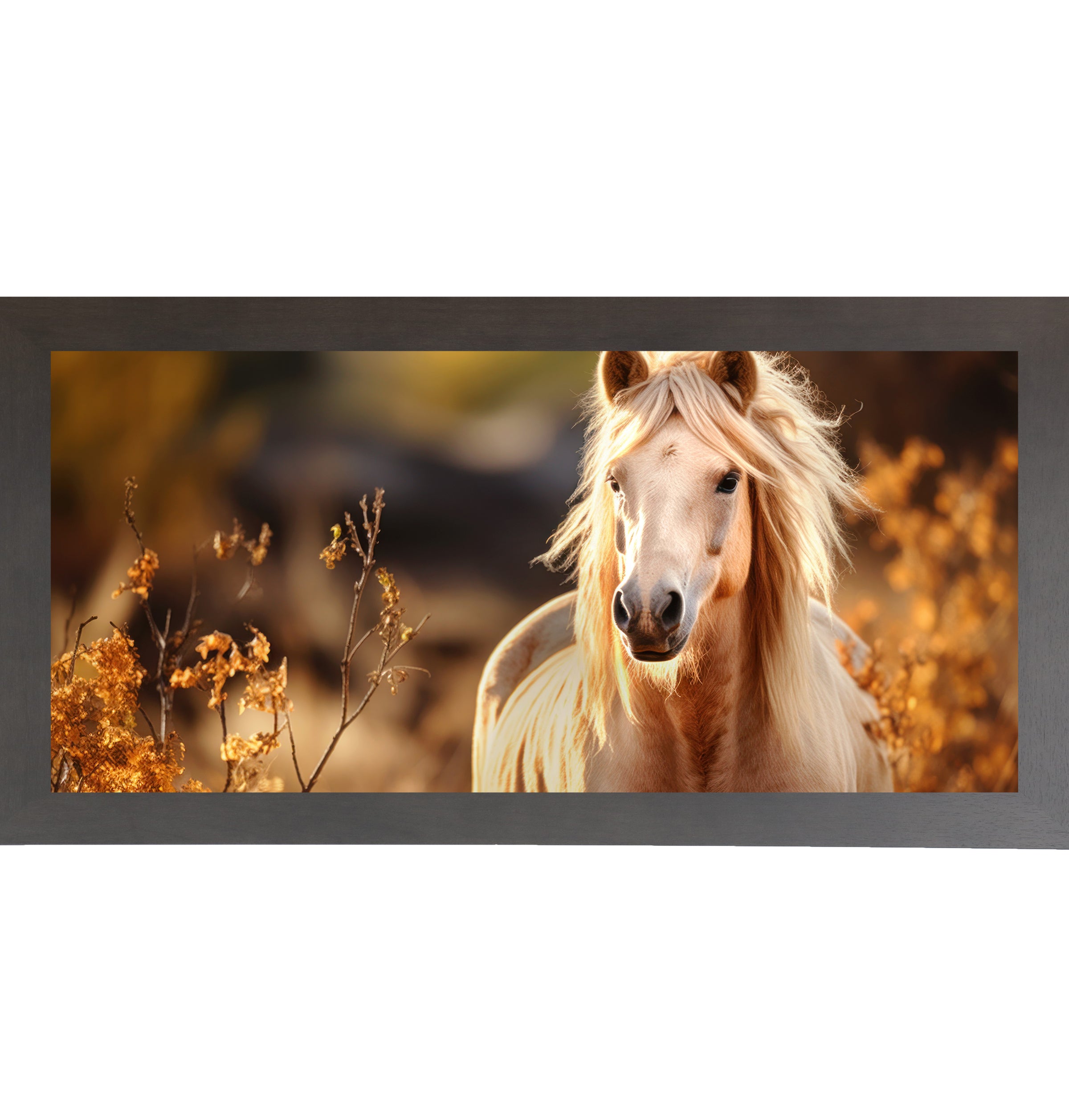Slatewood framed wide landscape palomino horse wall art featuring a glowing golden palomino with flowing mane surrounded by warm amber autumn foliage against a dark bokeh background