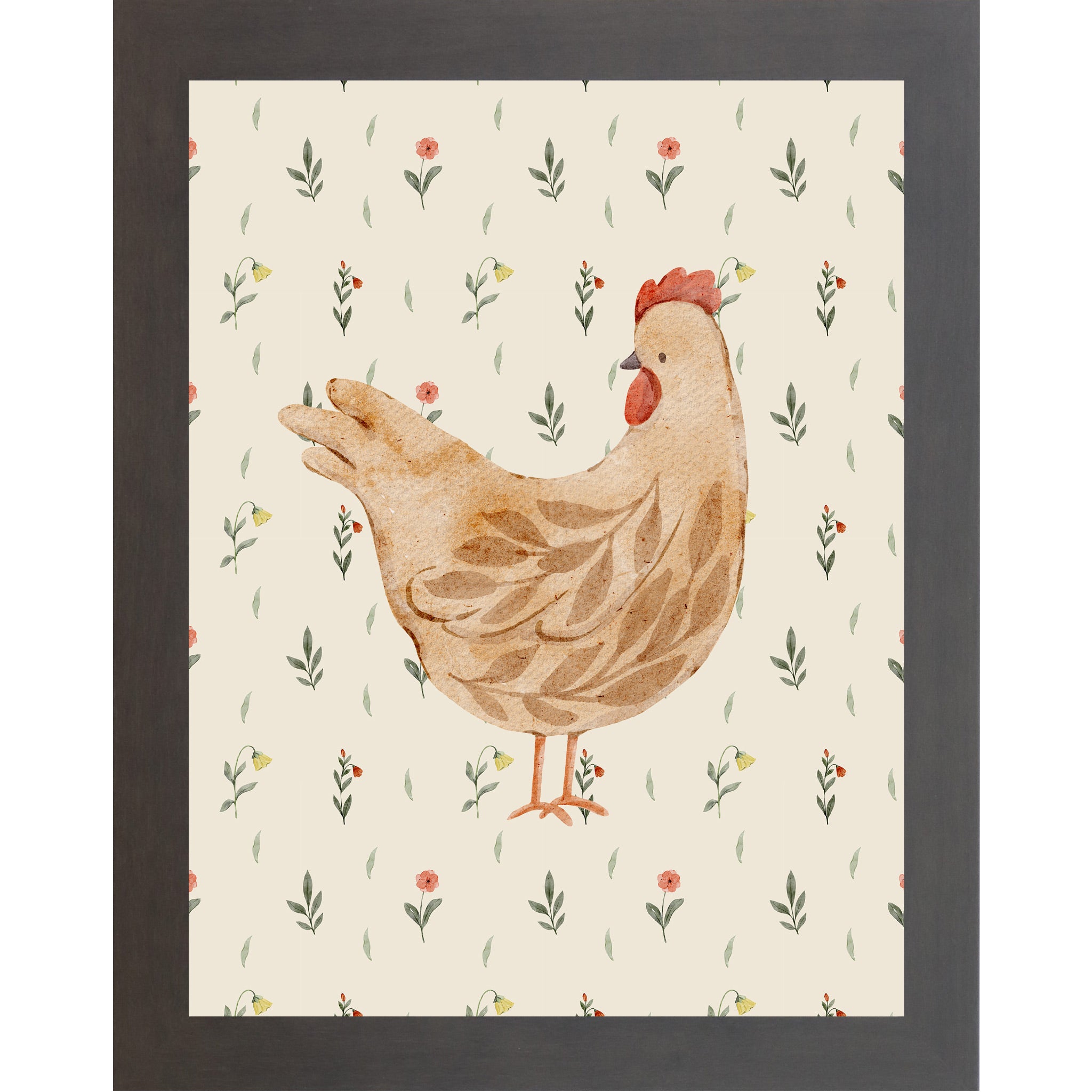 Slatewood framed vertical farmhouse wall art featuring a soft cream watercolor hen left-facing with botanical leaf body pattern on a cream background with tiny red wildflowers and green leaves