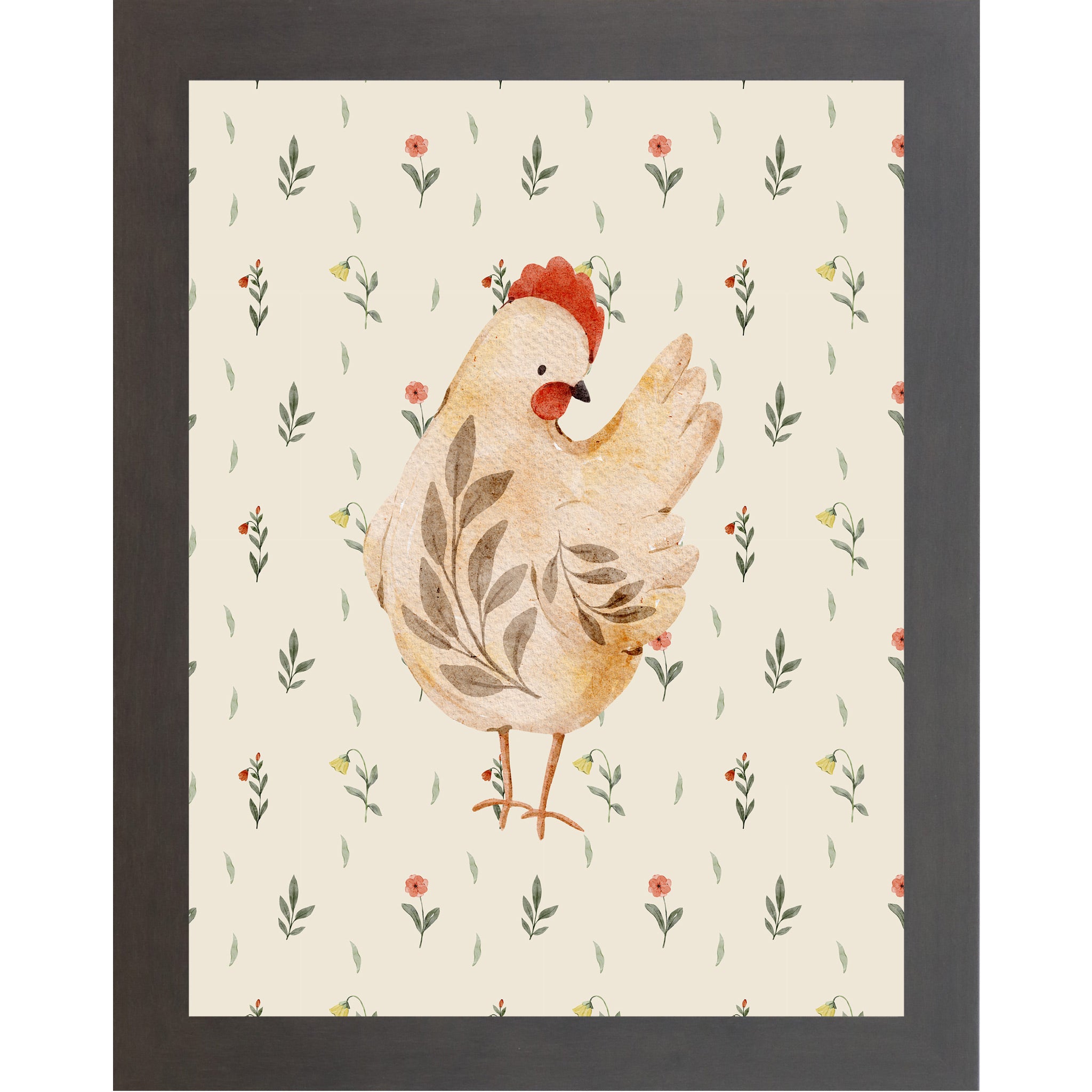 Slatewood framed vertical farmhouse wall art featuring a warm golden-brown watercolor hen right-facing on a cream background with tiny red wildflowers and green leaves