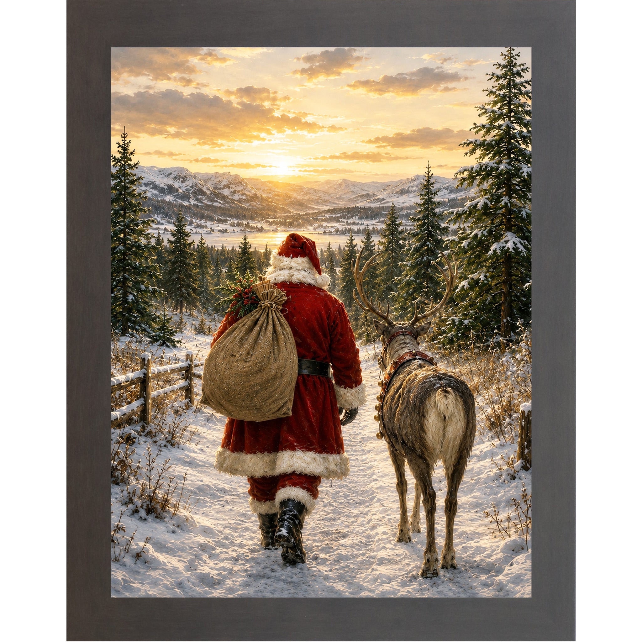 Slatewood framed portrait heritage Christmas wall art featuring Santa walking a snowy mountain path at sunrise beside a reindeer