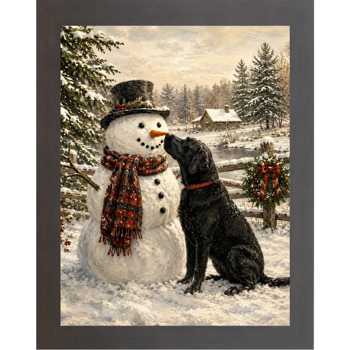 Slatewood framed portrait heritage Christmas wall art featuring a black Labrador nosing a top-hatted snowman in a plaid scarf against a snowy countryside scene