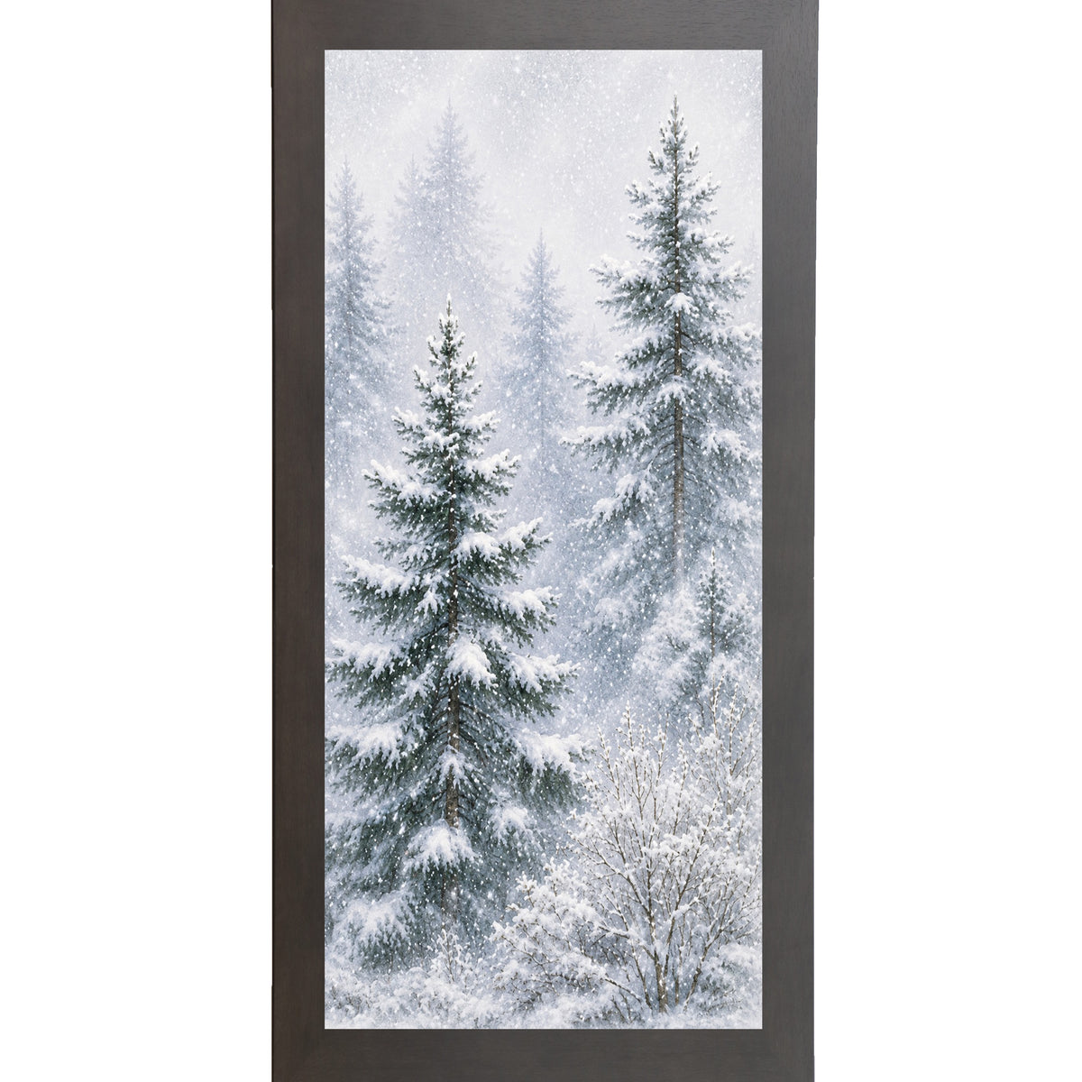 Slatewood framed narrow portrait watercolor winter wall art featuring a snowy pine forest with two tall evergreens leaning right through falling snow