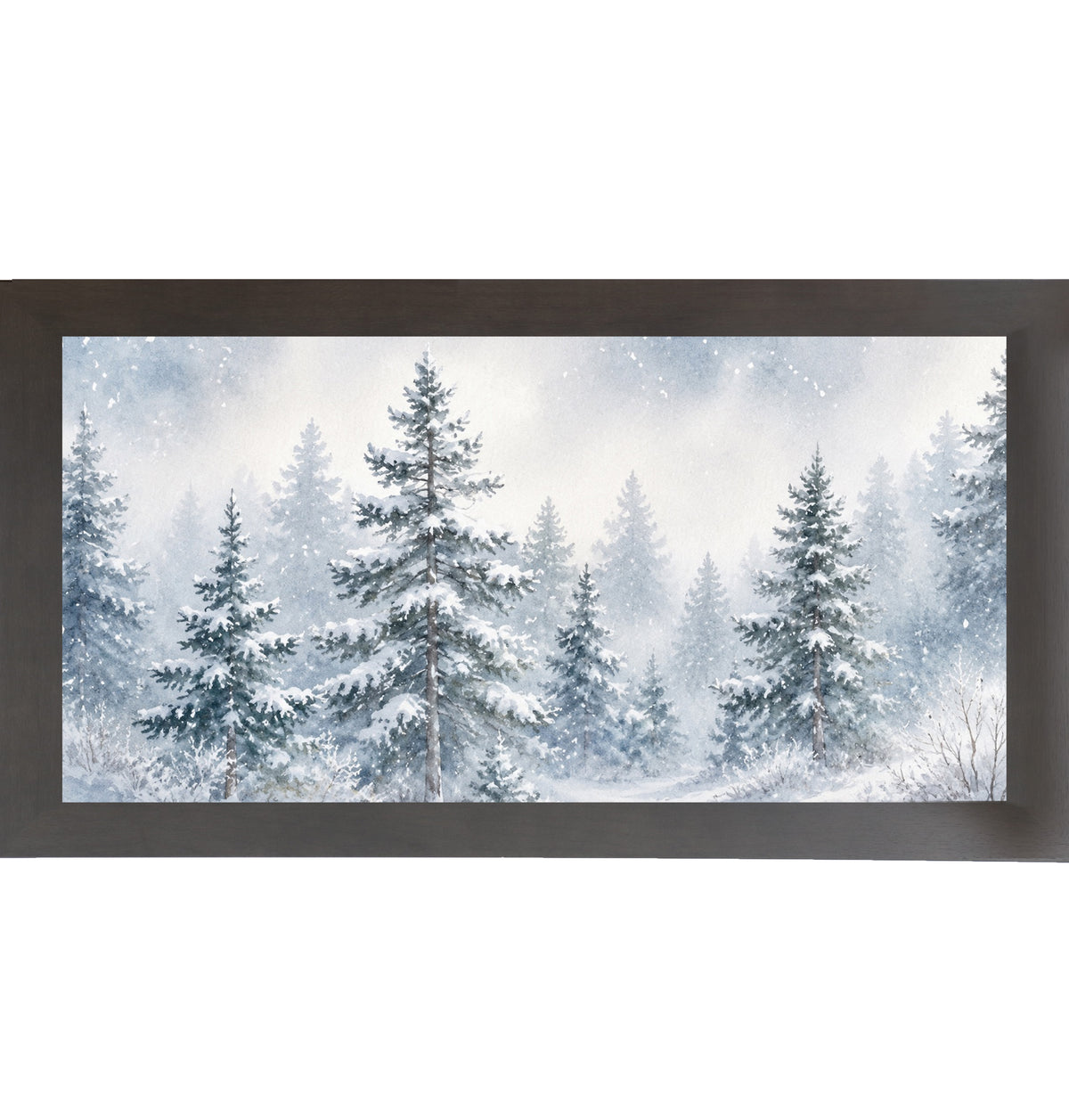 Slatewood framed wide landscape watercolor winter wall art featuring a full panoramic view of snow-covered pine trees