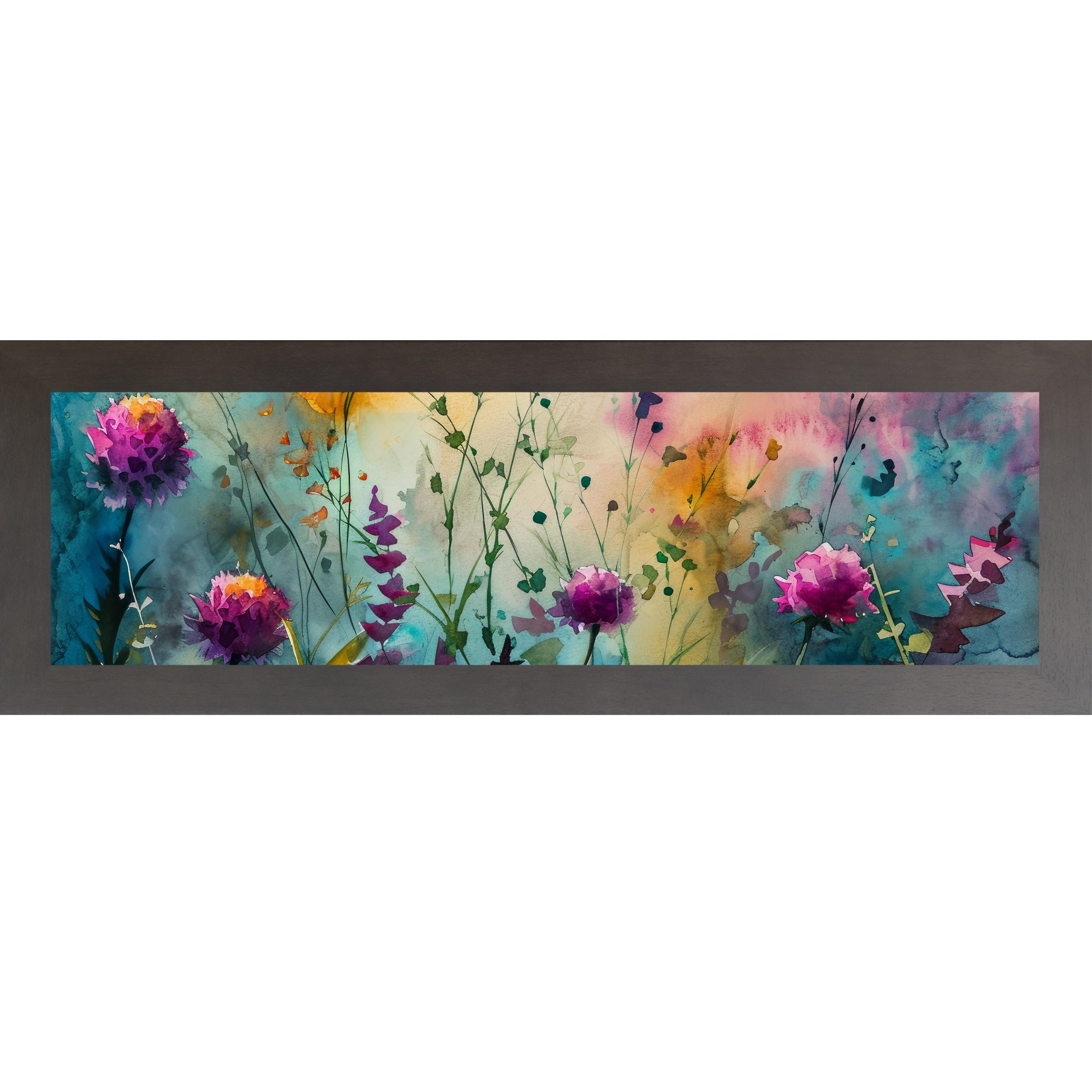 Slatewood framed wide landscape watercolor wildflower wall art with purple and magenta blooms across a sweeping teal gold and pink meadow background