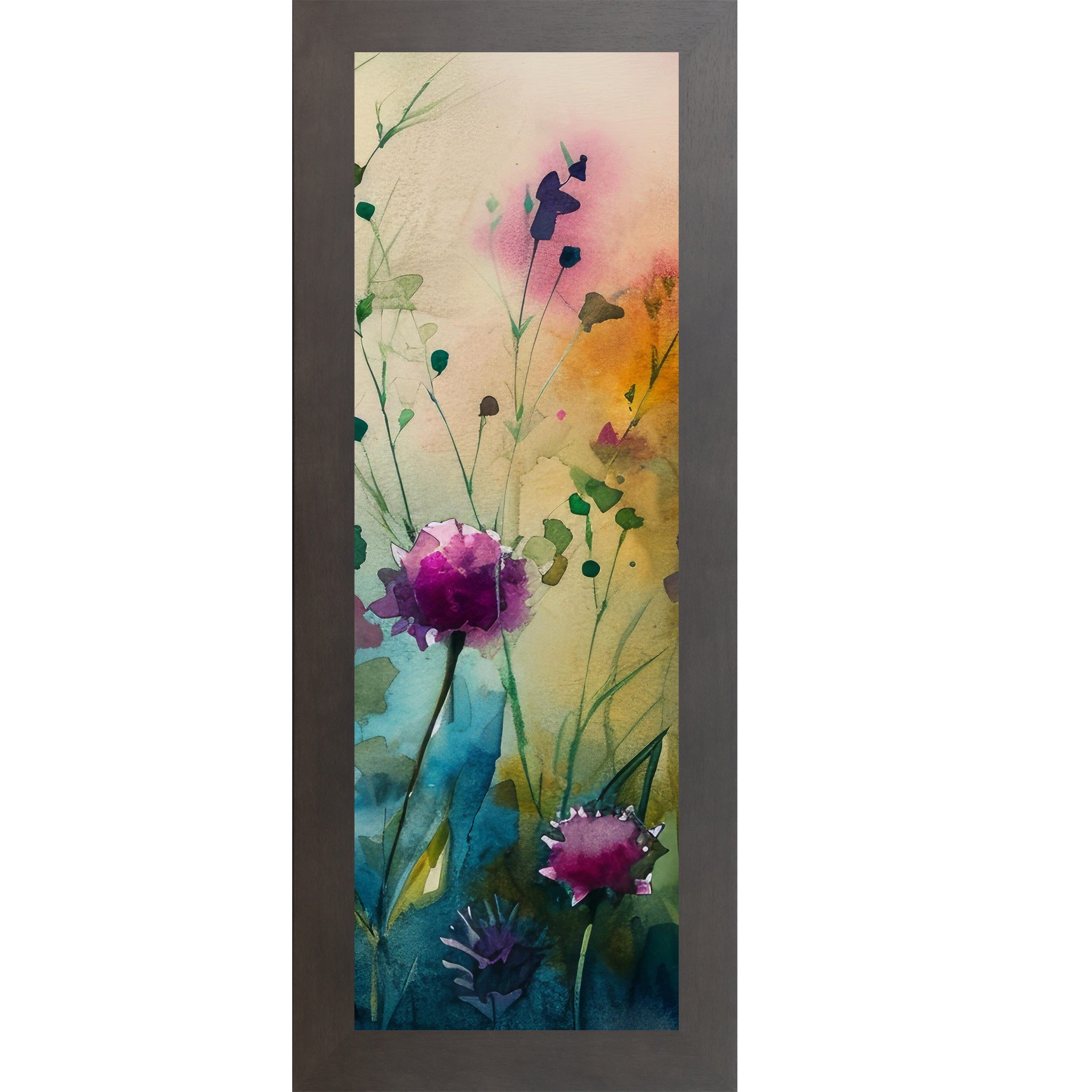 Slatewood framed narrow portrait watercolor wildflower wall art with magenta peonies rising from a teal garden base against a warm peach and pink background