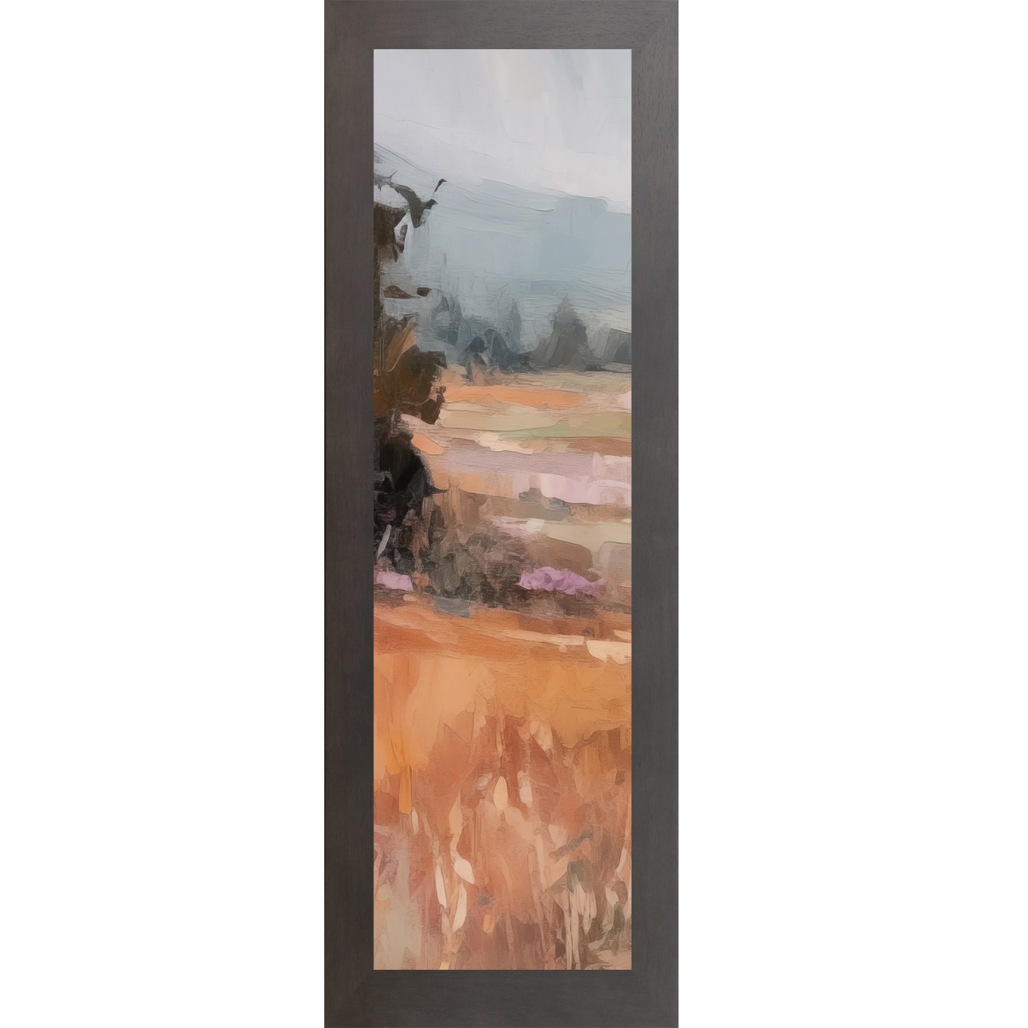 Slatewood framed narrow portrait abstract terracotta landscape wall art with moody blue-grey sky dark tree left edge and warm amber field with purple lavender midground tones