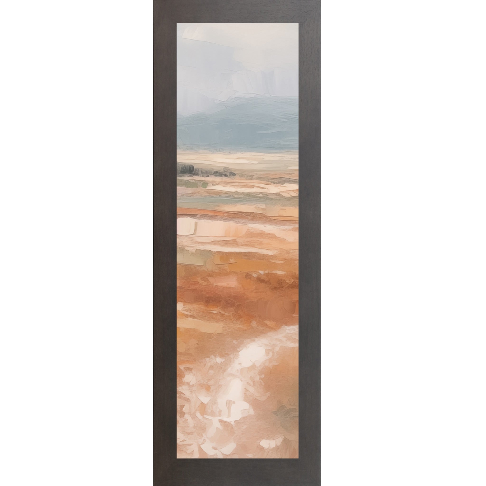 Slatewood framed narrow portrait abstract terracotta landscape wall art with soft peach and blush field pale lavender sky and single tree on right edge