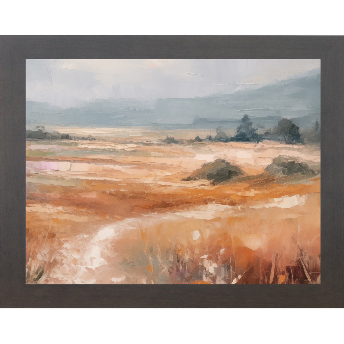 Slatewood framed landscape abstract terracotta wall art with warm amber and orange field dark trees in midground and dramatic blue-grey sky with bold expressive brushwork