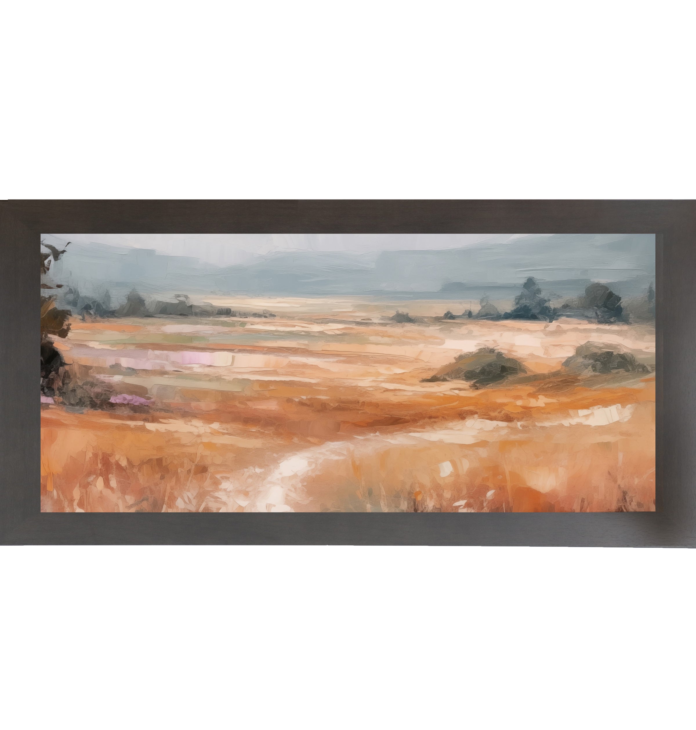 Slatewood framed wide landscape abstract terracotta wall art showing full panoramic scene with warm amber orange field dark trees left edge soft peach midground and dramatic blue-grey sky with bold expressive brushwork