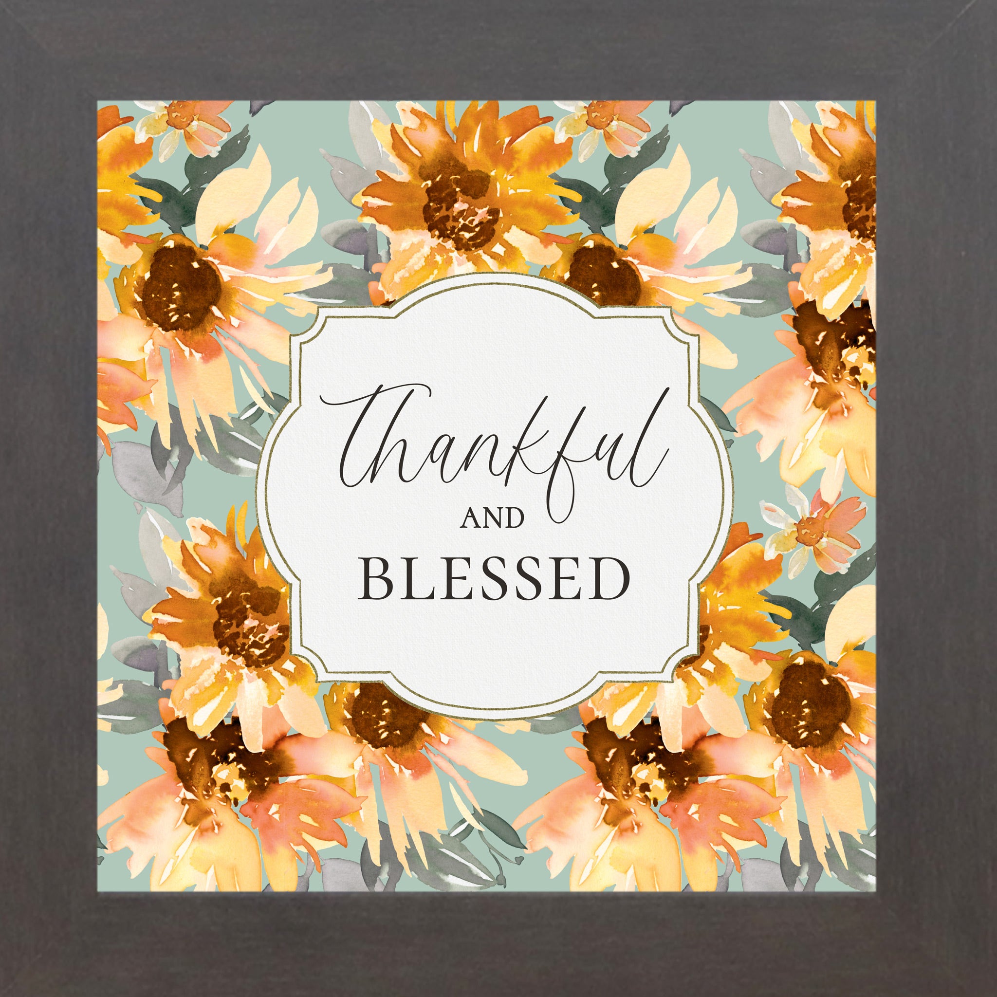 Slatewood framed square fall wall art featuring watercolor sunflowers in gold orange and peach on soft sage teal background with the words "Thankful and Blessed" — SB308
