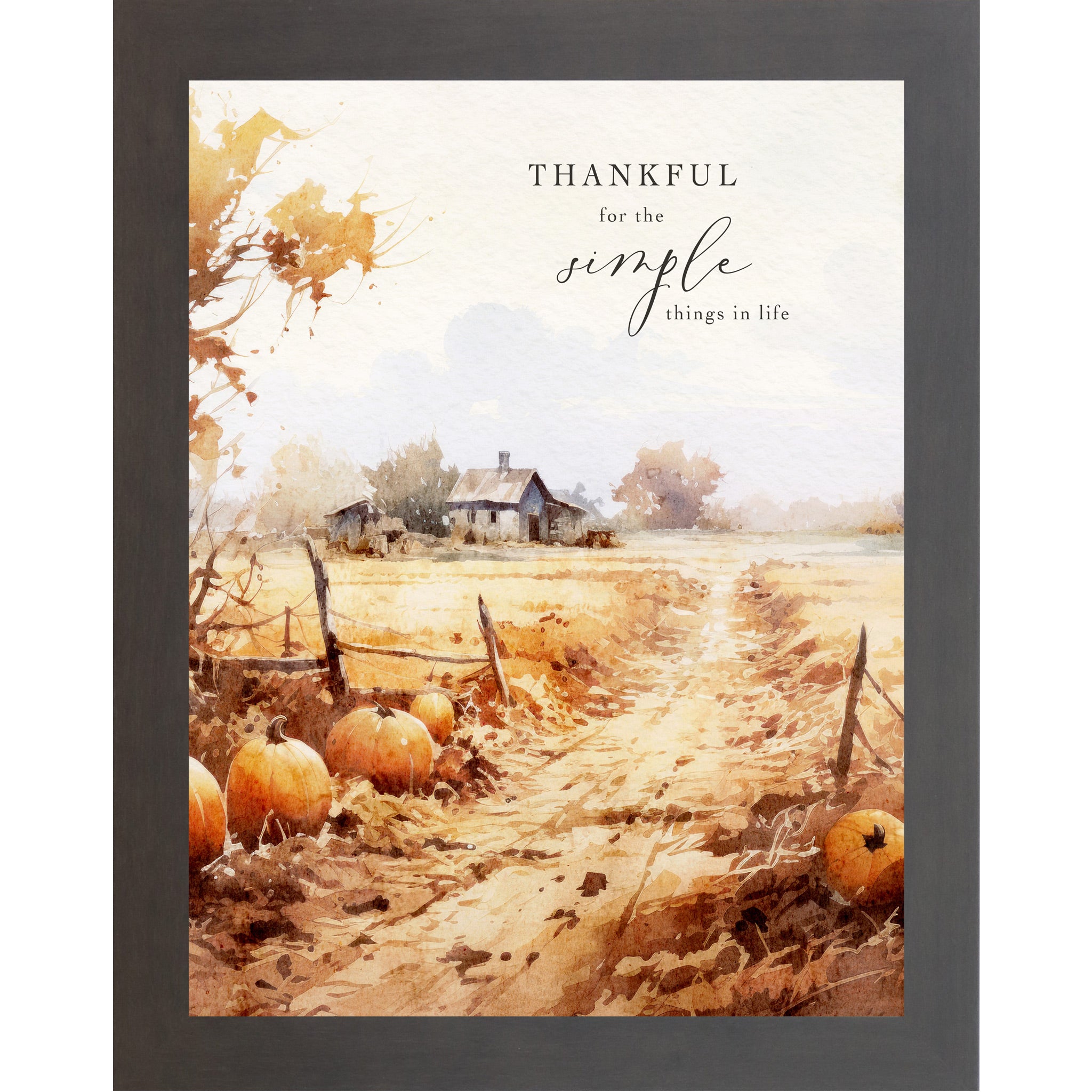 Slatewood framed portrait fall wall art featuring watercolor pumpkin field with golden lane split-rail fence and distant farmhouse in warm amber and rust tones with the words Thankful for the Simple Things in life in elegant mixed typography — SN389