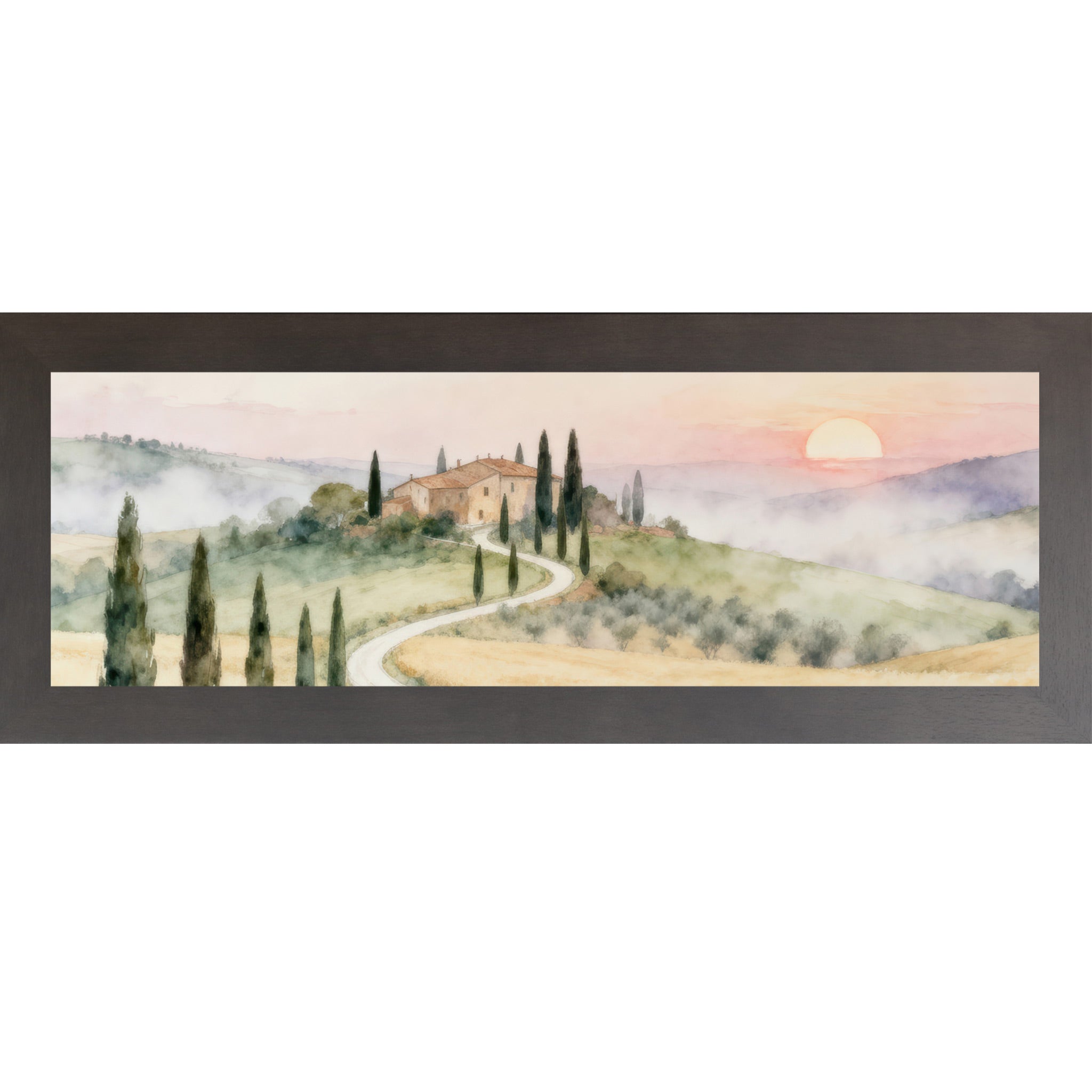 Slatewood framed wide landscape Tuscan watercolor wall art featuring a winding white road through golden wheat fields and cypress trees leading to a terracotta villa on a green hillside with a peach and coral sunrise