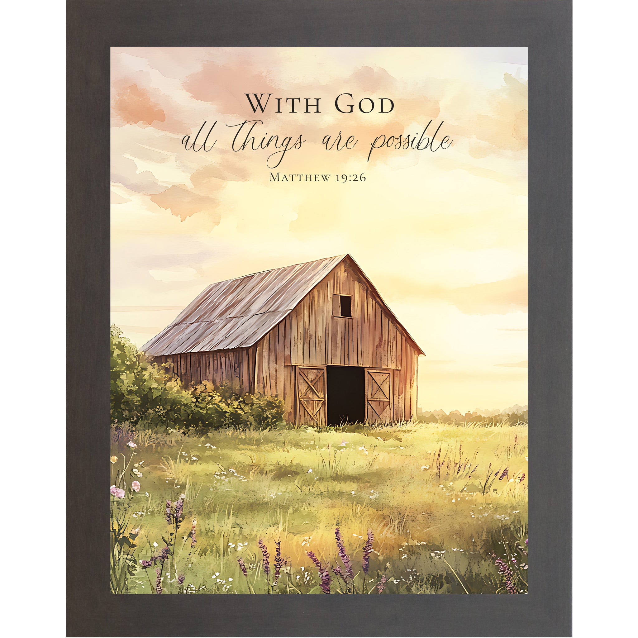 Slatewood framed portrait Christian wall art featuring watercolor farmhouse barn in lavender wildflower meadow with luminous golden sunrise sky and the words "With God All Things Are Possible Matthew 19:26" — SB256