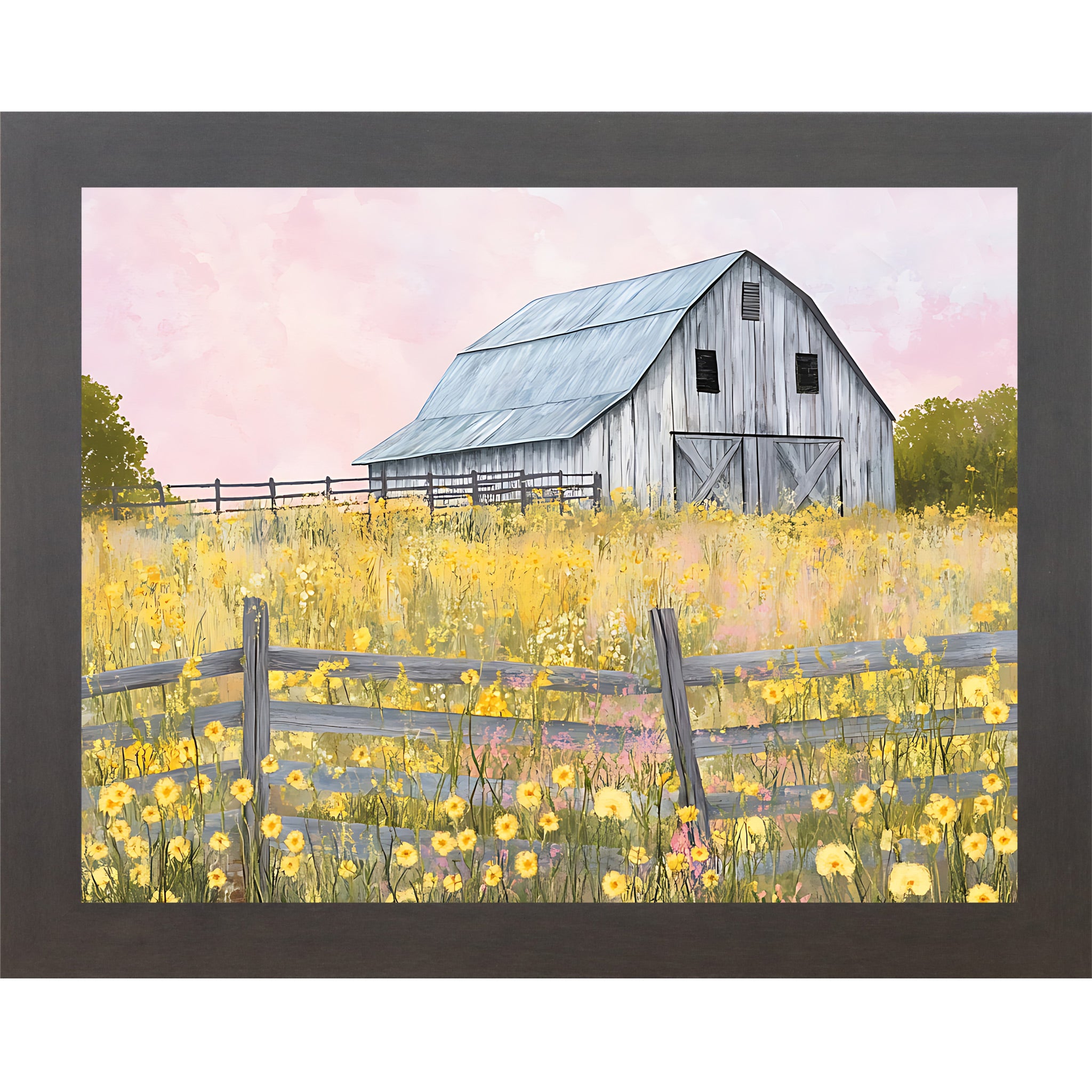 Slatewood framed landscape farmhouse wall art featuring a watercolor gray barn in a yellow wildflower meadow with split rail fence green trees and soft pink sky — Yellow Wildflower Barn SB253