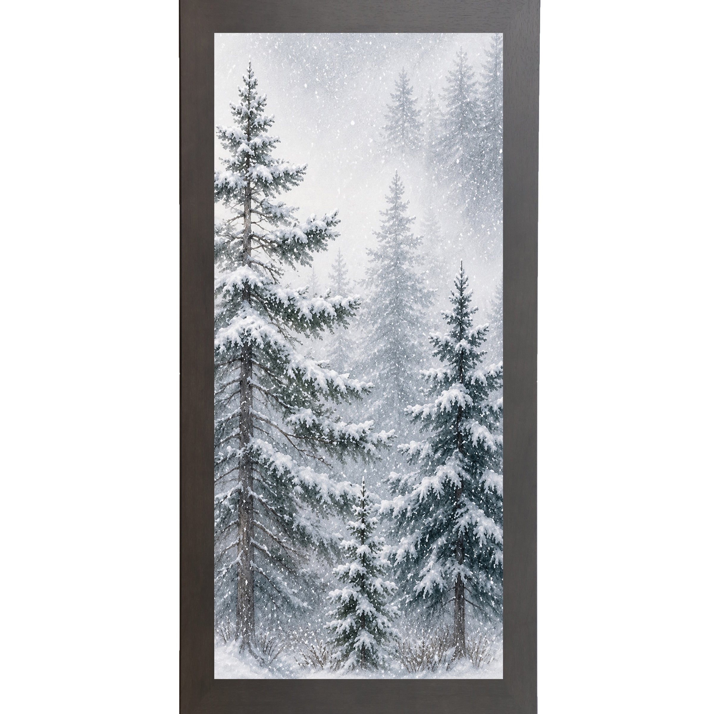 Slatewood framed narrow portrait watercolor winter wall art featuring a snowy pine forest with a tall evergreen leaning left through falling snow