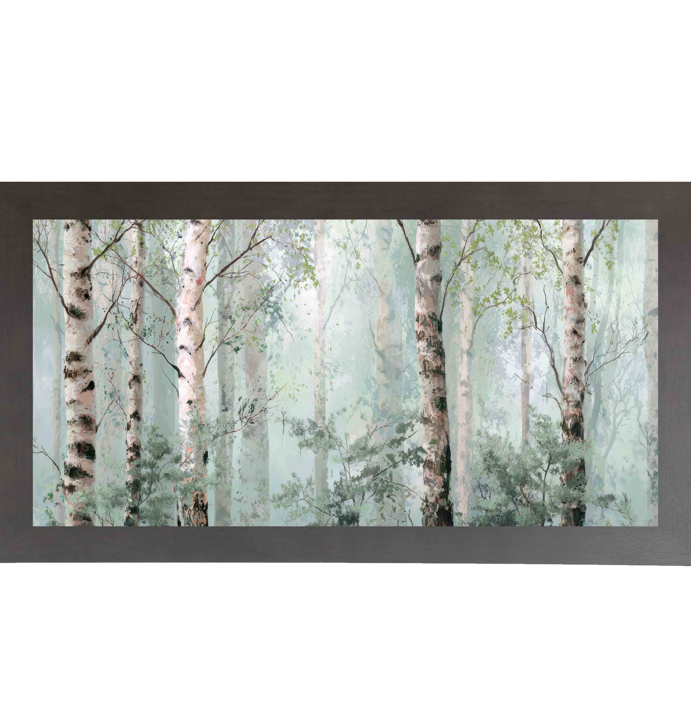 Slatewood framed wide landscape birch tree wall art featuring soft watercolor birch forest in sage green and ivory mist — Birch Forest Mist SB737