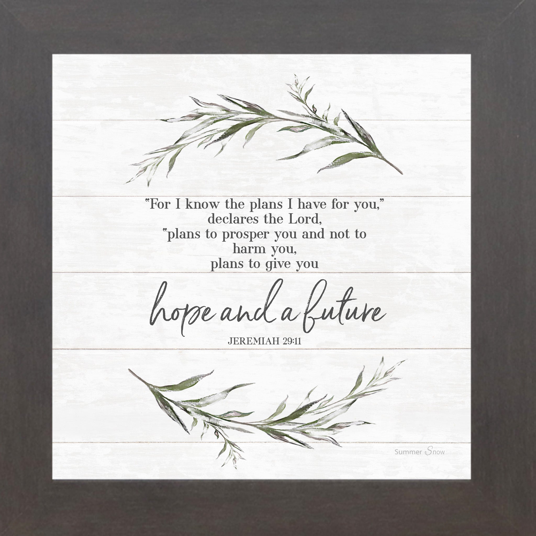 Slatewood framed square Christian scripture wall art on shiplap white background with watercolor eucalyptus branches and full Jeremiah 29:11 verse ending in hope and a future — SS911