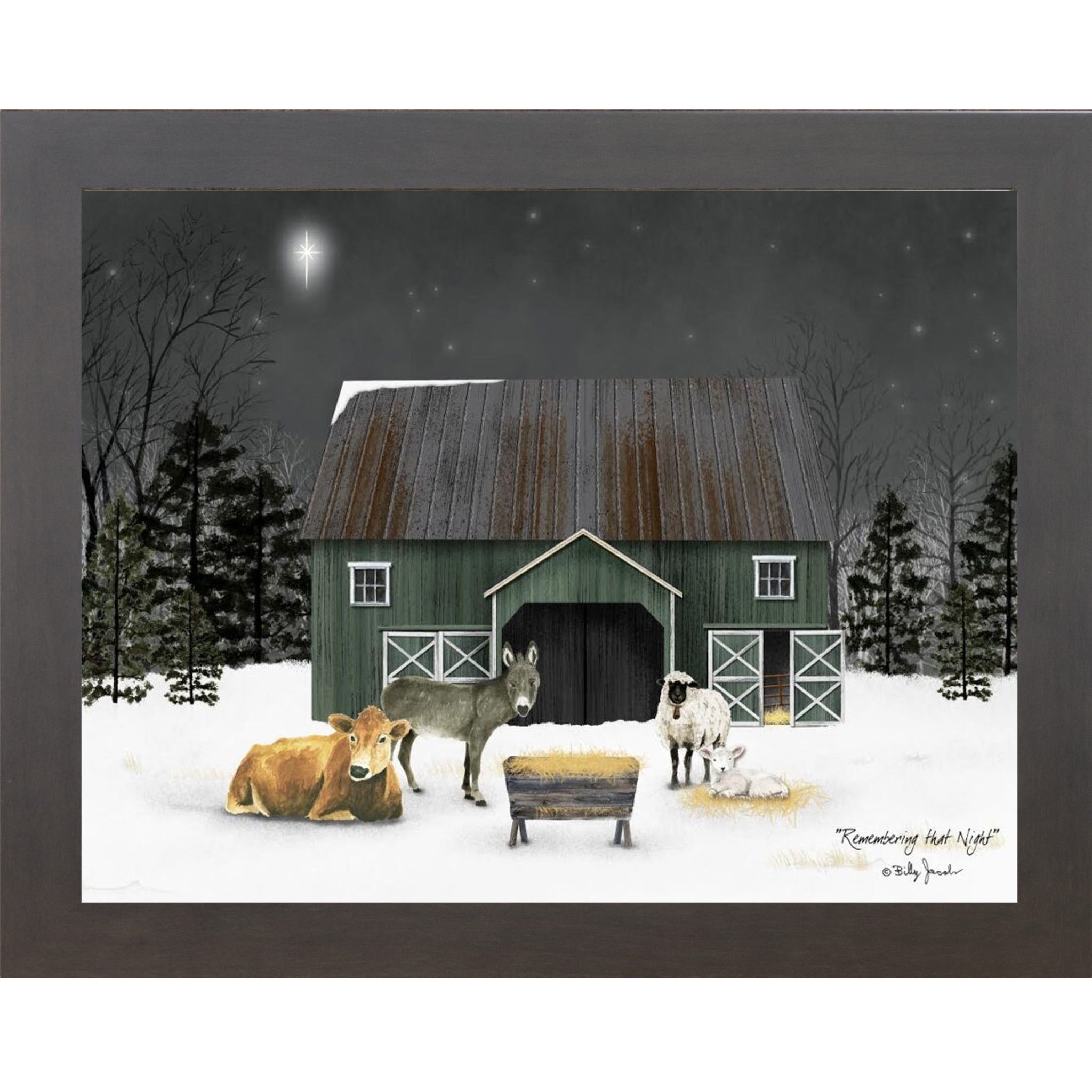 Slatewood framed landscape Billy Jacobs wall art print of a green barn on a snowy Christmas night with a cow, donkey, and sheep gathered under a brilliant star titled "Remembering That Night"
